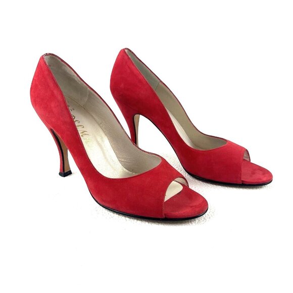 Women's 9N Red Peep Toe Mob Wife Career Chic Preppy Delman Suede Pumps Heels - Picture 13 of 13